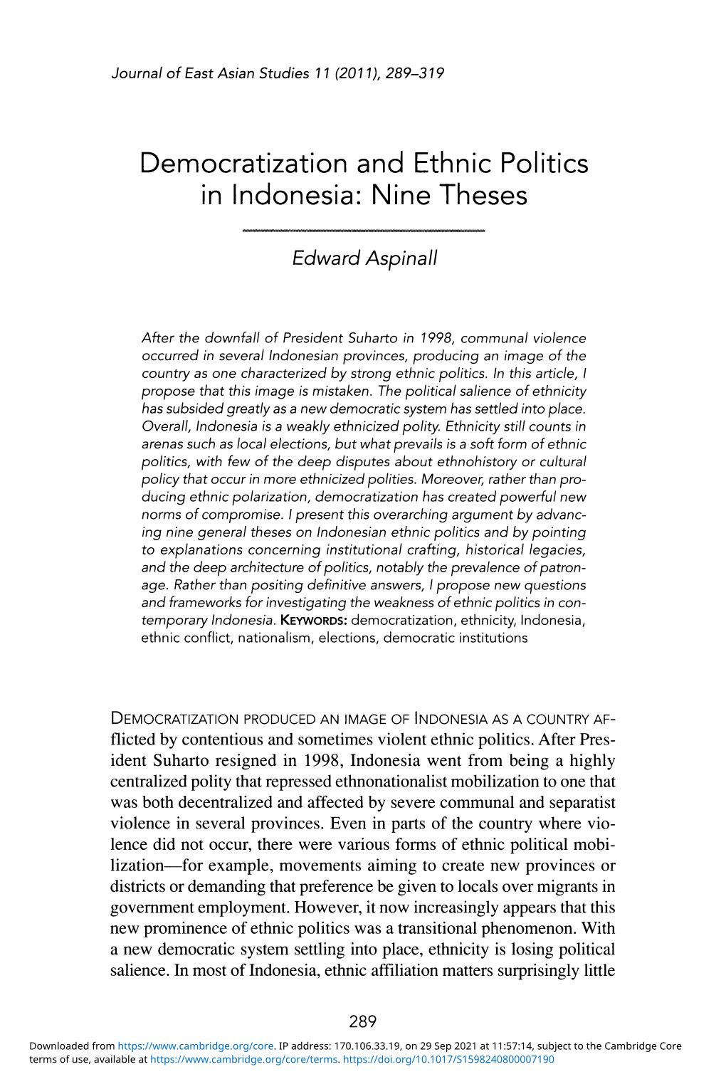 Democratization and Ethnic Politics in Indonesia: Nine Theses