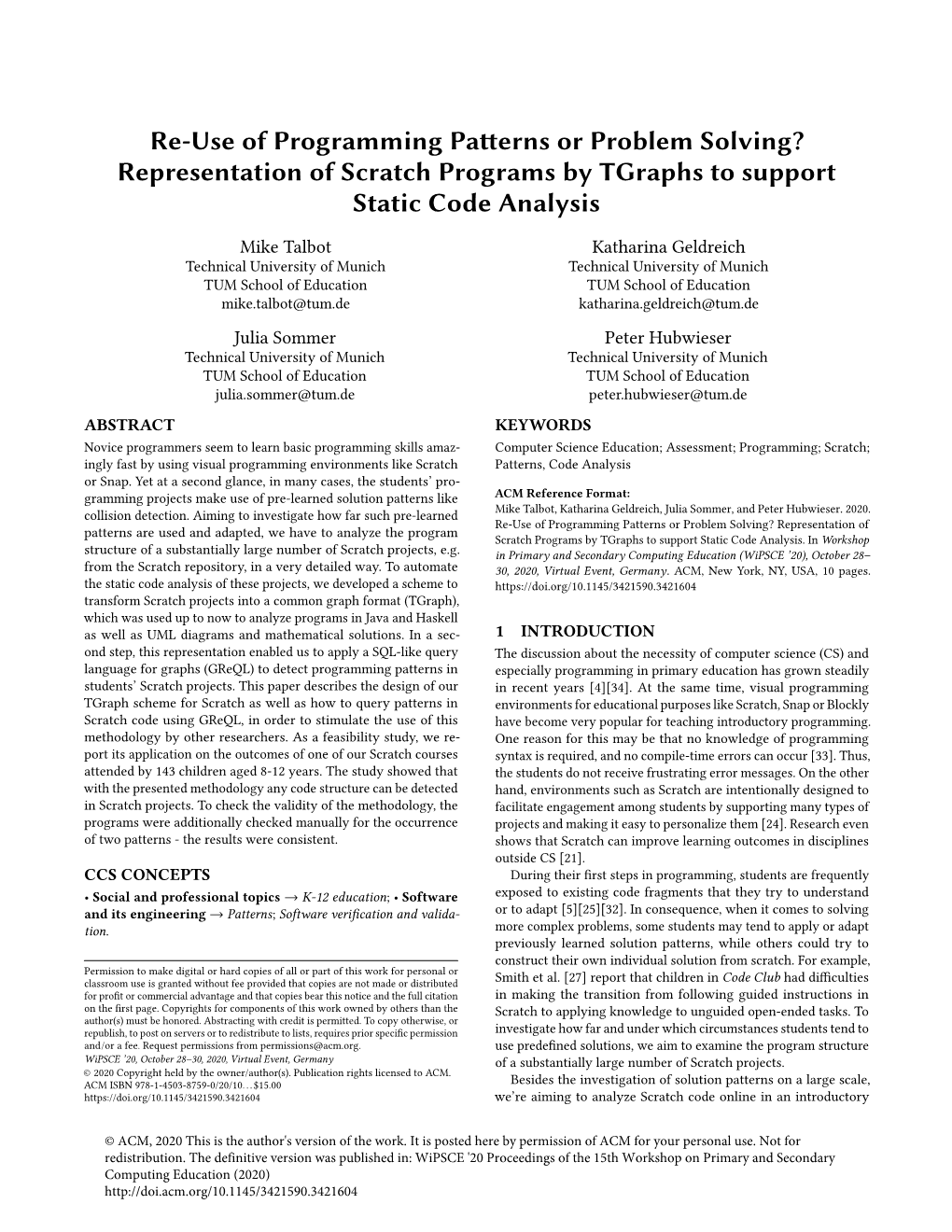 Re-Use of Programming Patterns Or Problem Solving? Representation of Scratch Programs by Tgraphs to Support Static Code Analysis