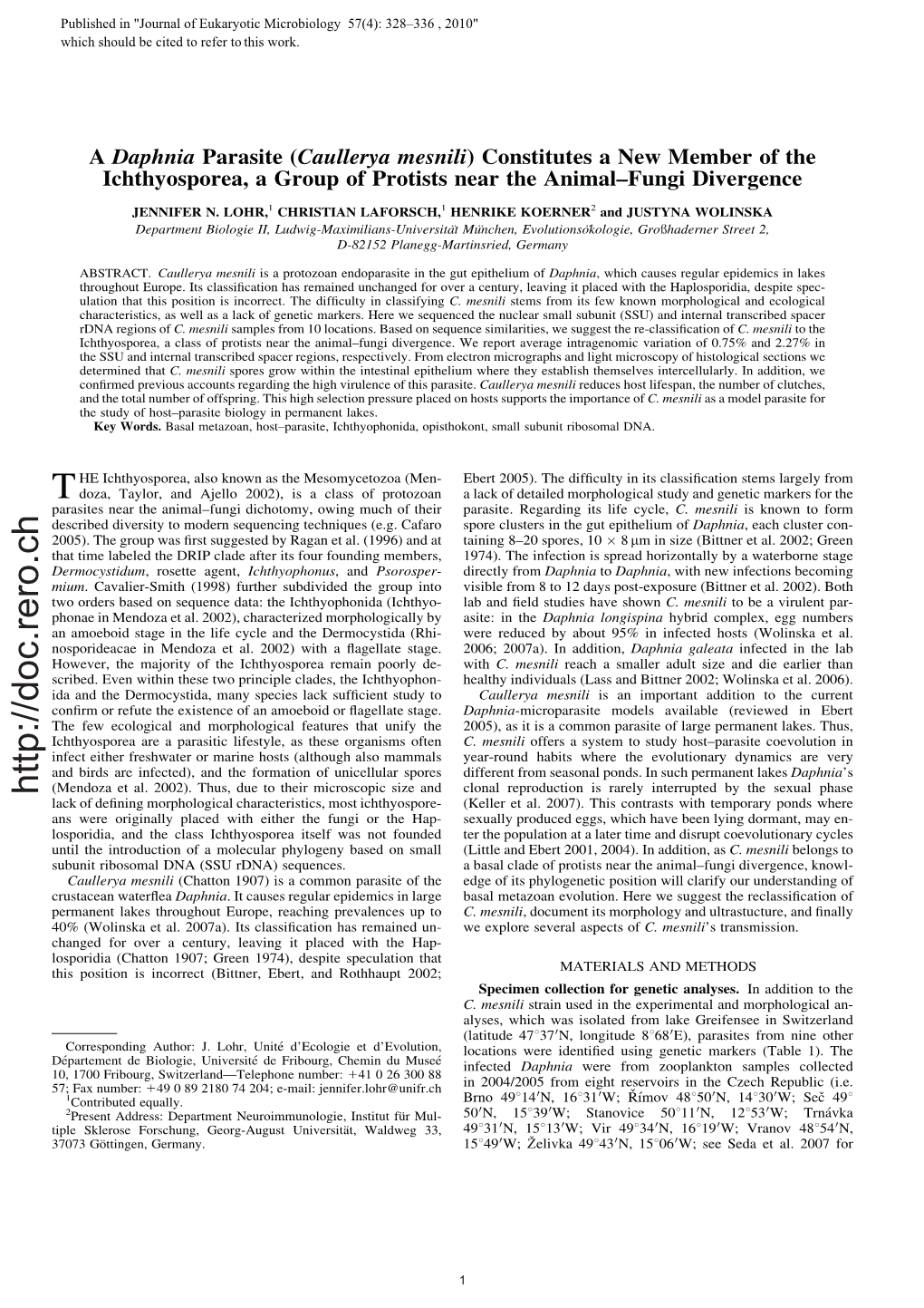 A Daphnia Parasite (Caullerya Mesnili) Constitutes a New Member of the Ichthyosporea, a Group of Protists Near the Animal–Fungi Divergence