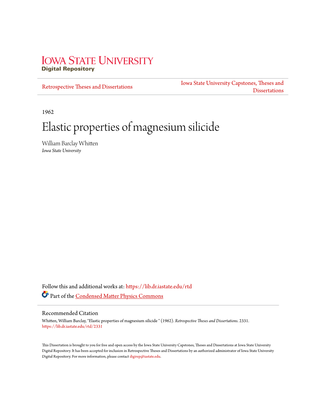 Elastic Properties of Magnesium Silicide William Barclay Whitten Iowa State University