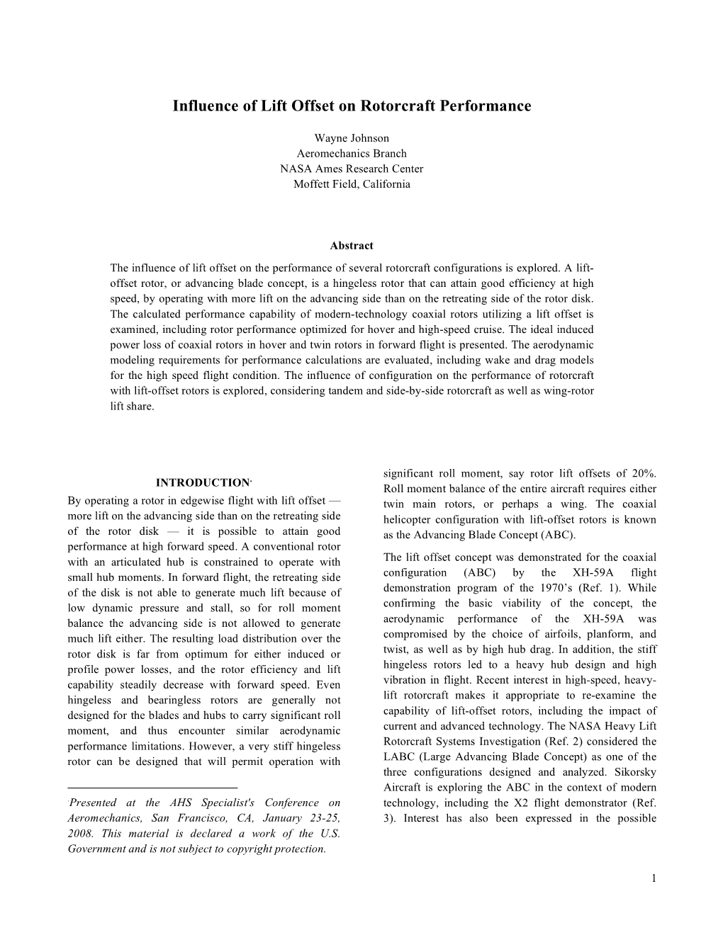 Influence of Lift Offset on Rotorcraft Performance