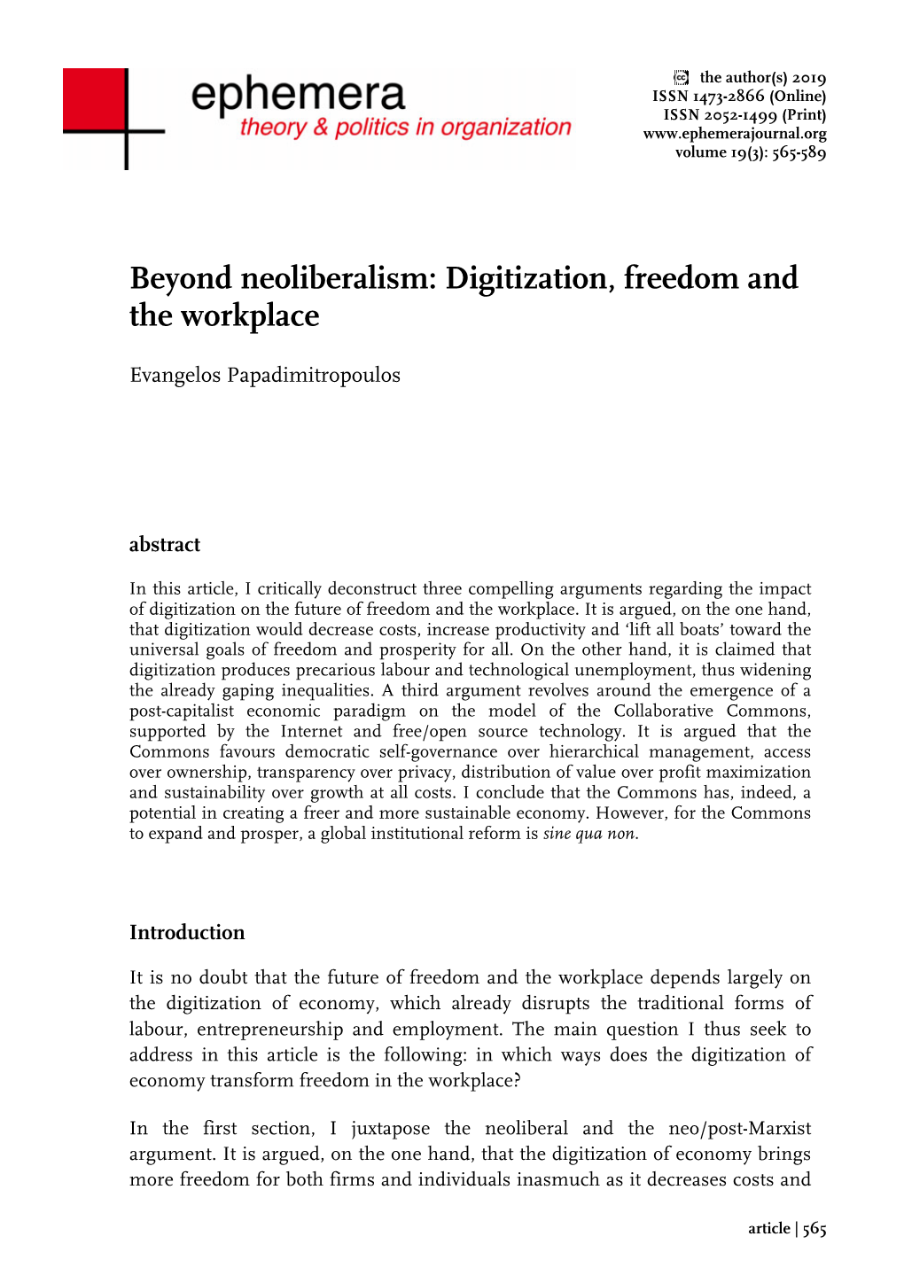 Beyond Neoliberalism: Digitization, Freedom and the Workplace