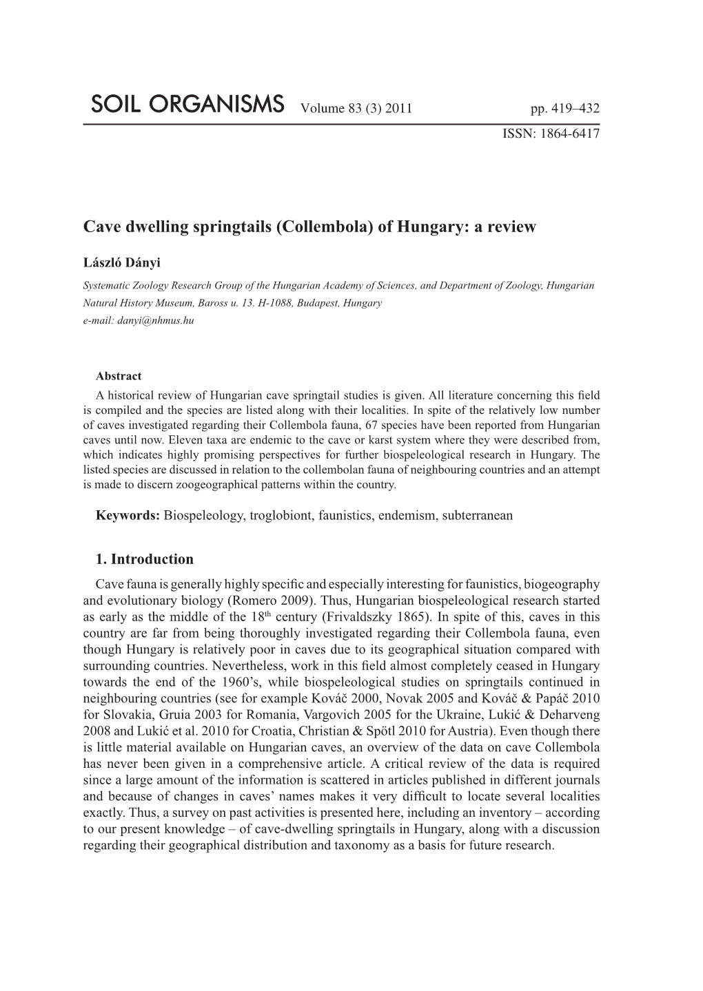 Cave Dwelling Springtails (Collembola) of Hungary: a Review