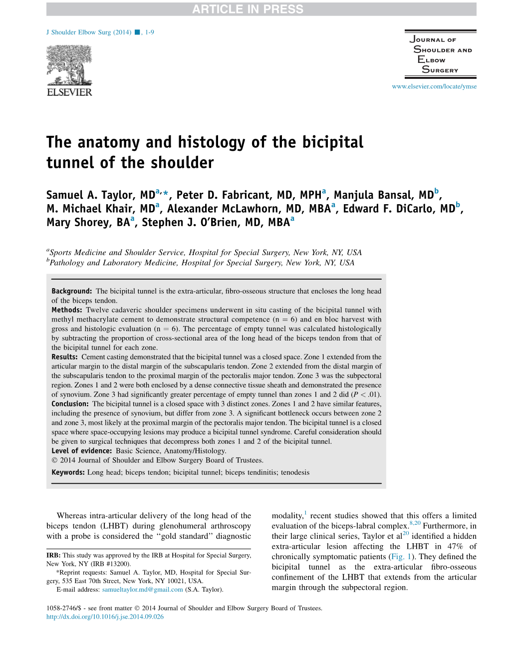 The Anatomy and Histology of the Bicipital Tunnel of the Shoulder