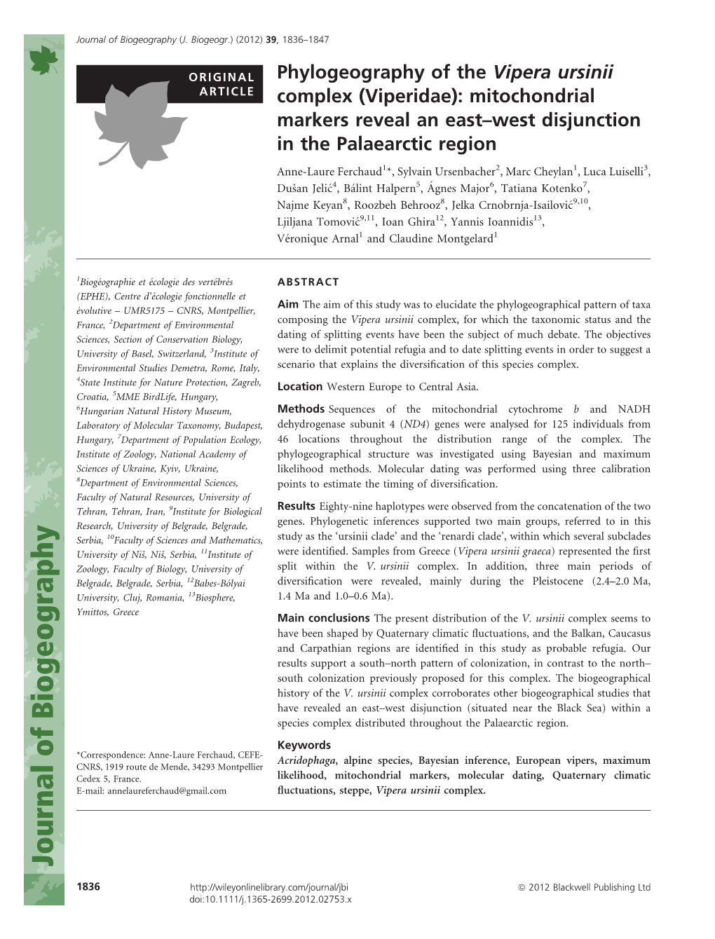 Phylogeography of the Vipera Ursinii Complex (Viperidae)