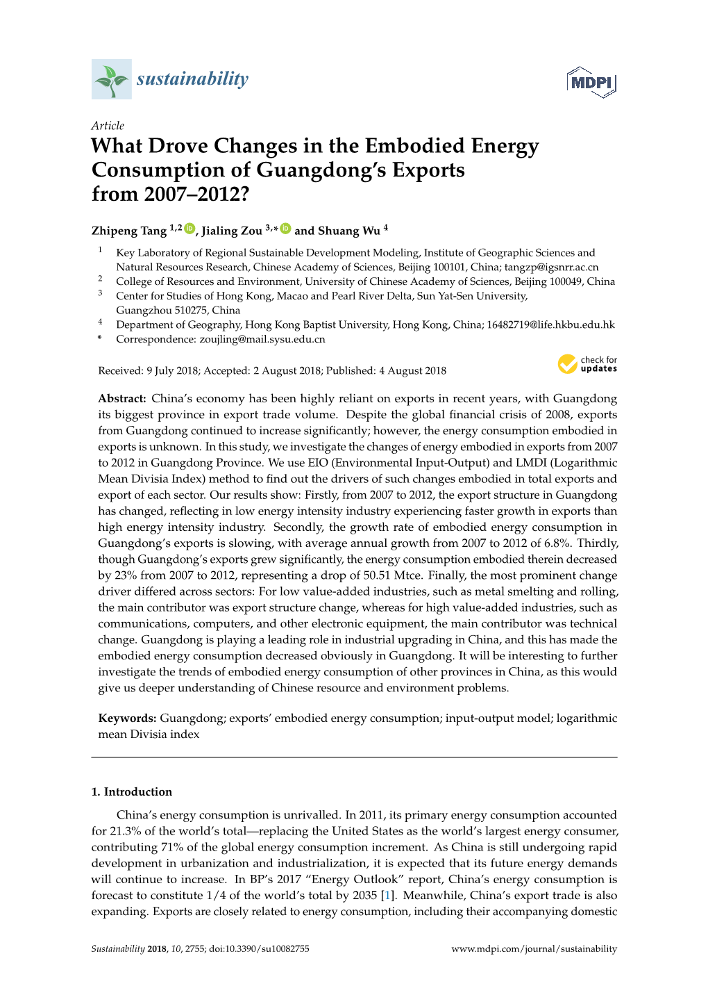 What Drove Changes in the Embodied Energy Consumption of Guangdong’S Exports from 2007–2012?