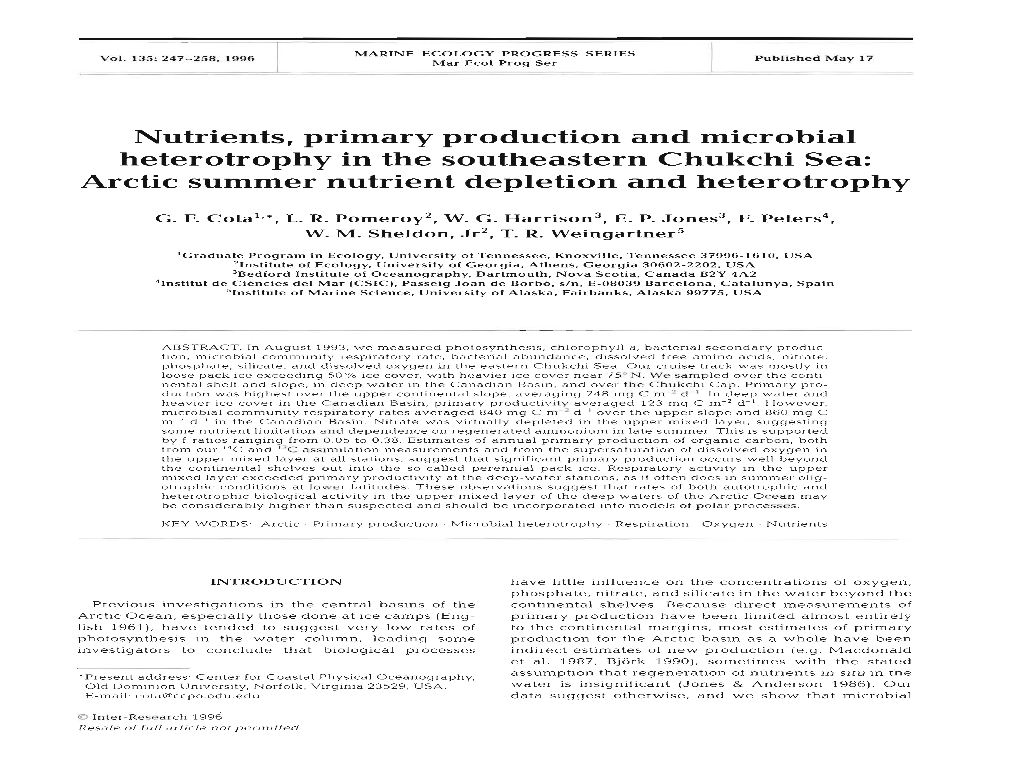 Nutrients, Primary Production and Microbial Heterotrophy in the Southeastern Chukchi Sea: Arctic Summer Nutrient Depletion and Heterotrophy