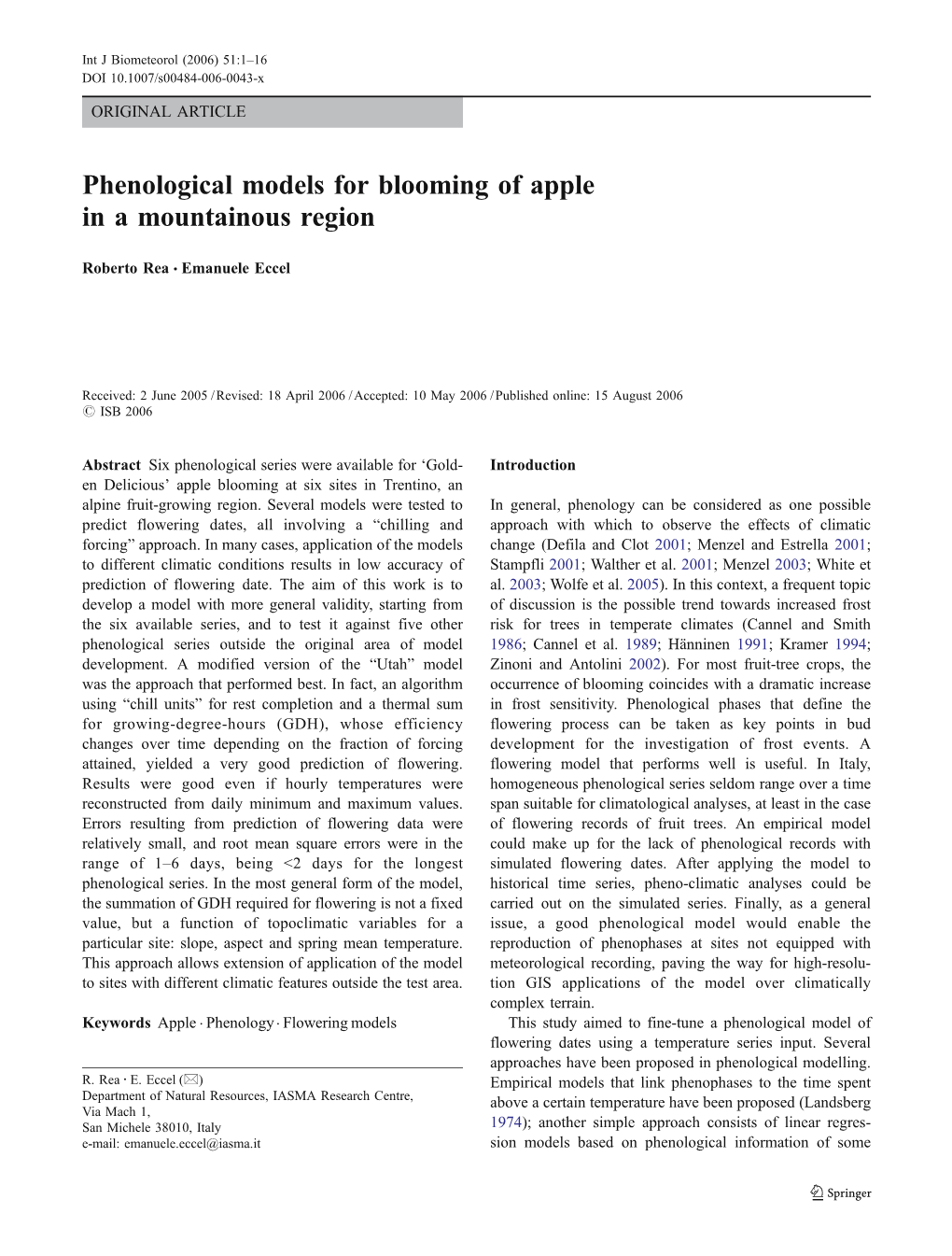 Phenological Models for Blooming of Apple in a Mountainous Region