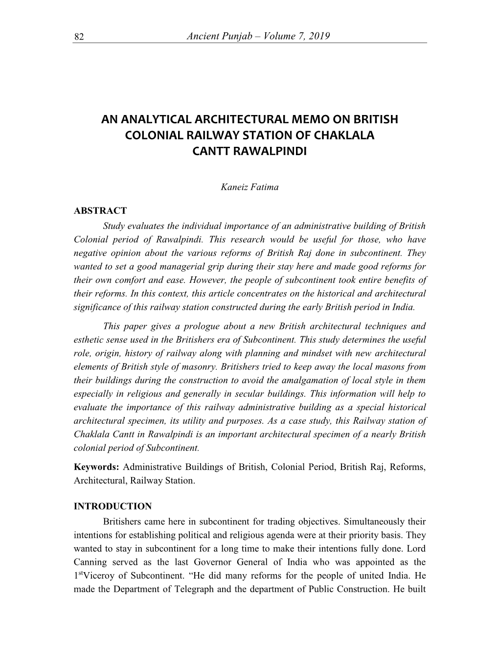 An Analytical Architectural Memo on British Colonial Railway Station of Chaklala Cantt Rawalpindi