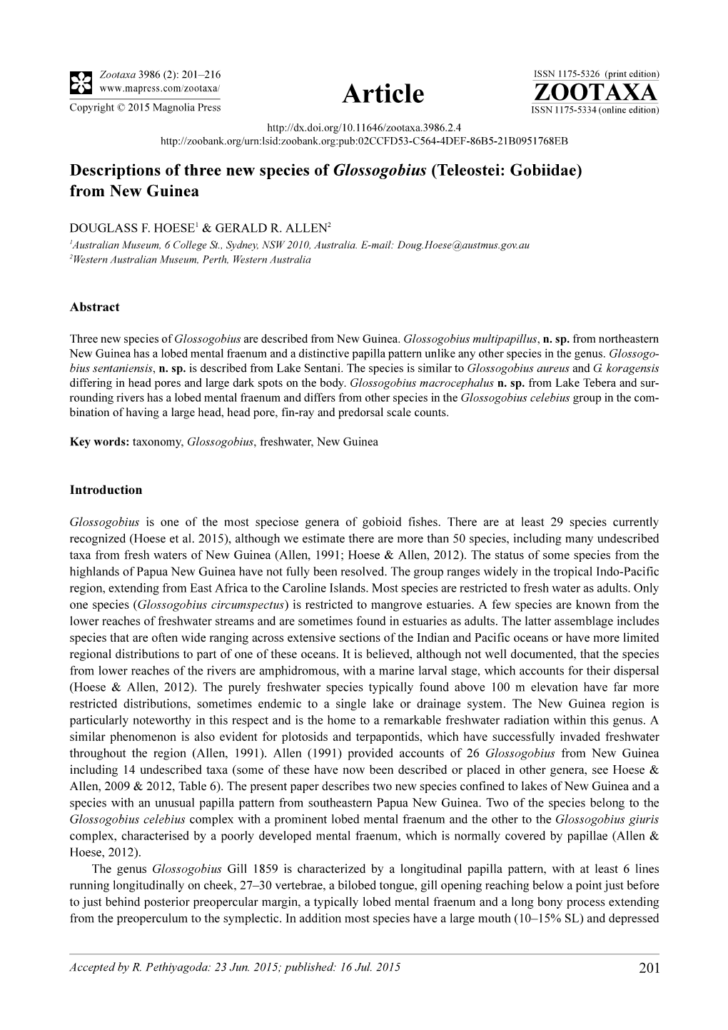 Descriptions of Three New Species of Glossogobius (Teleostei: Gobiidae) from New Guinea