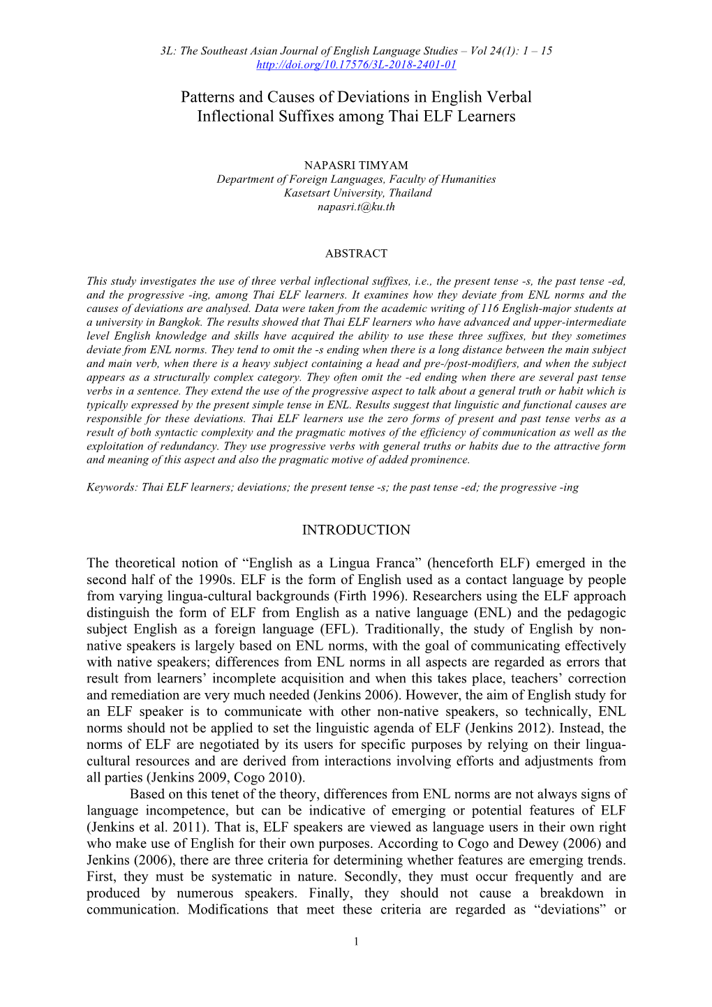 Patterns and Causes of Deviations in English Verbal Inflectional Suffixes Among Thai ELF Learners