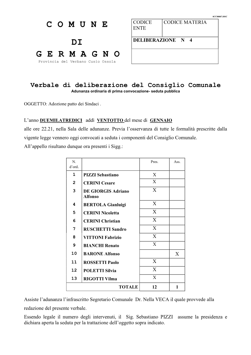 Delibera Adesione Comune Di Germagno