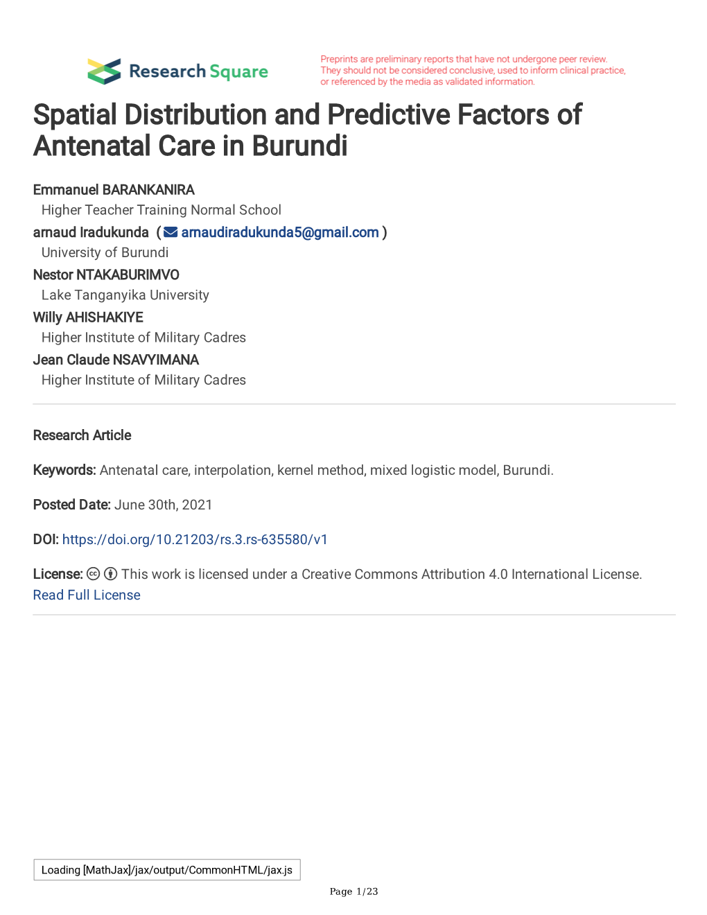 Spatial Distribution and Predictive Factors of Antenatal Care in Burundi