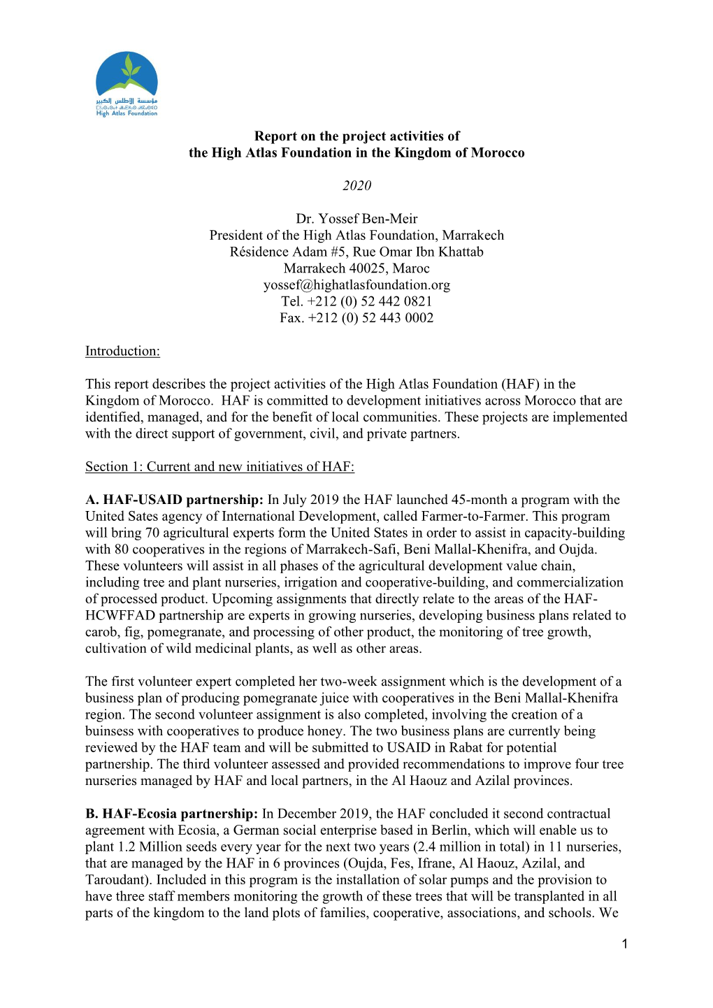 Report on the Project Activities of the High Atlas Foundation in the Kingdom of Morocco 2020 Dr. Yossef Ben-Meir President of Th