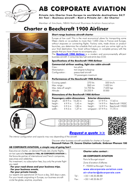 Beechcraft 1900 Airliner Business Aircraft Charter Flight in Europe