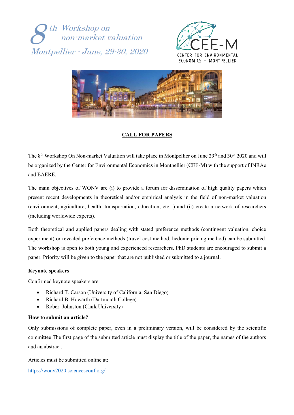 CALL for PAPERS the 8Th Workshop on Non-Market Valuation Will Take Place in Montpellier on June 29Th and 30Th 2020 and Will Be O