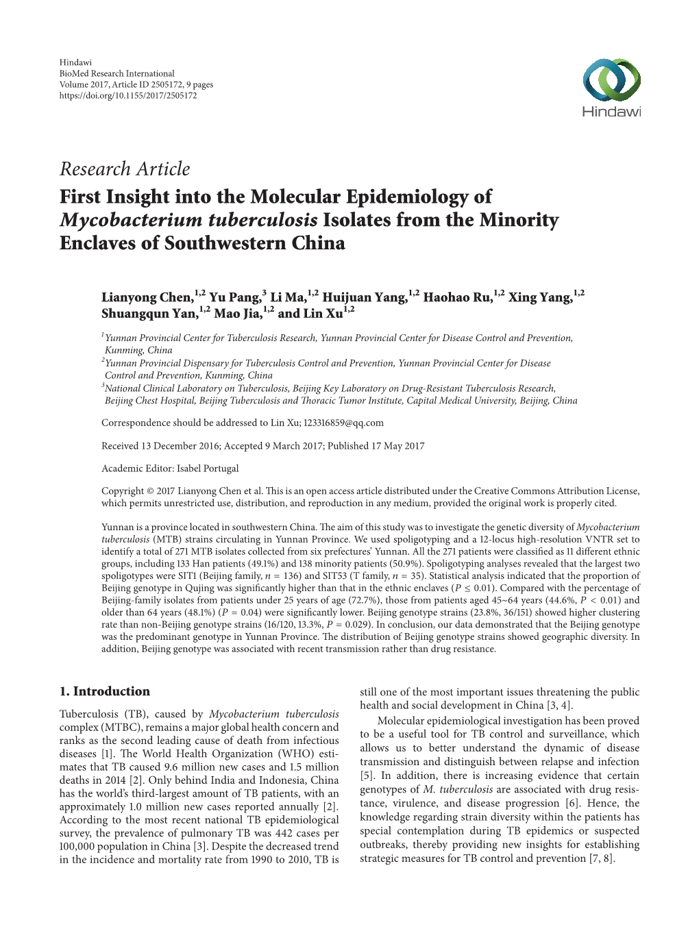 Research Article First Insight Into the Molecular Epidemiology of Mycobacterium Tuberculosis Isolates from the Minority Enclaves of Southwestern China