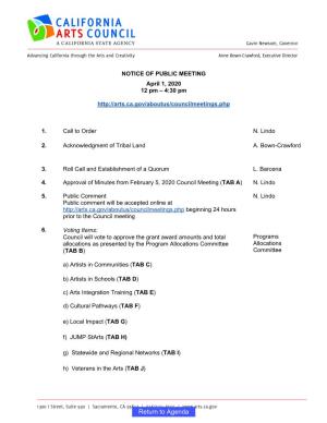 NOTICE of PUBLIC MEETING April 1, 2020 12 Pm – 4:30 Pm