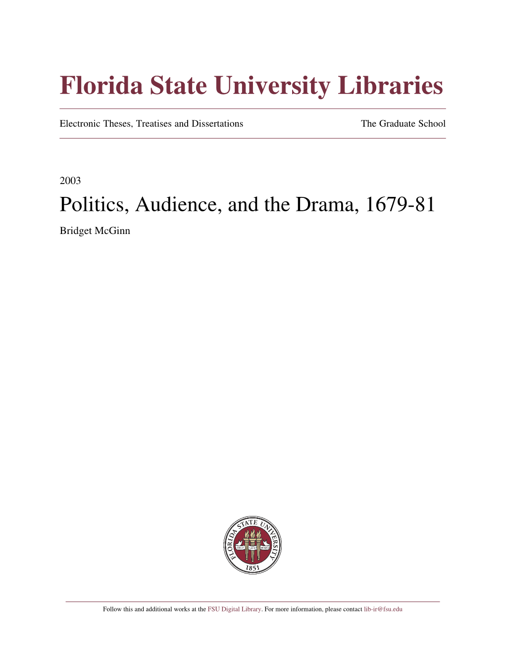 Politics, Audience, and the Drama, 1679-81 Bridget Mcginn