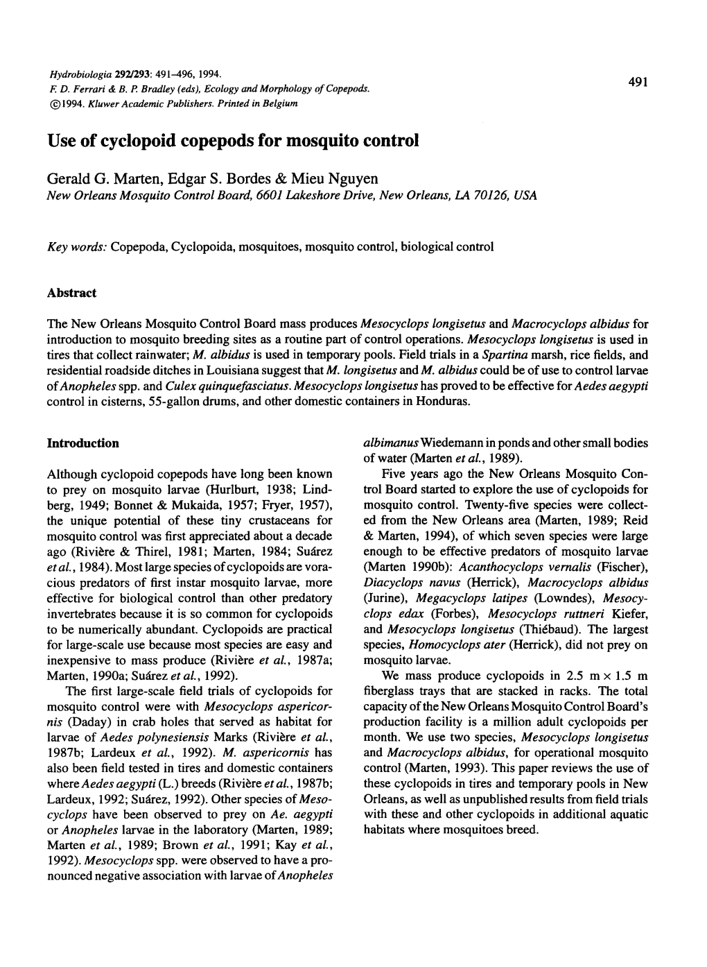 Use of Cyclopoid Copepods for Mosquito Control