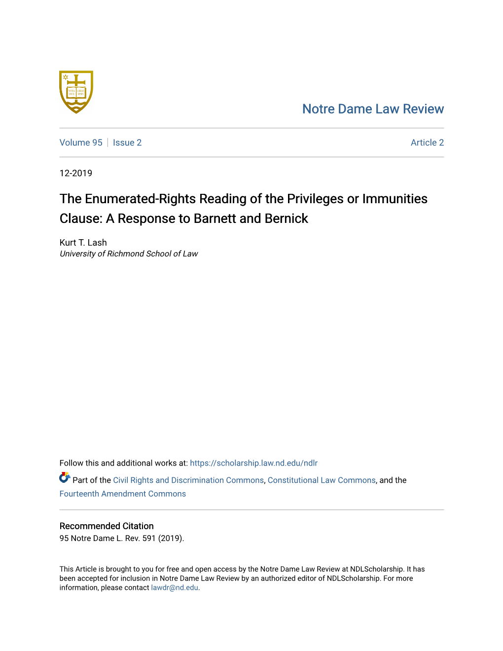 The Enumerated-Rights Reading of the Privileges Or Immunities Clause: a Response to Barnett and Bernick
