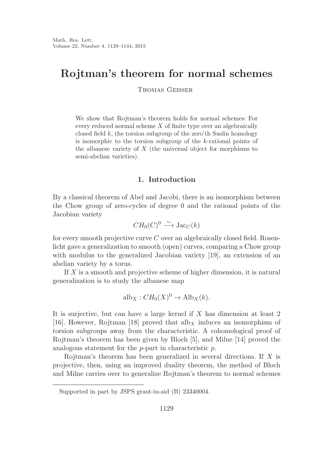 Rojtman's Theorem for Normal Schemes