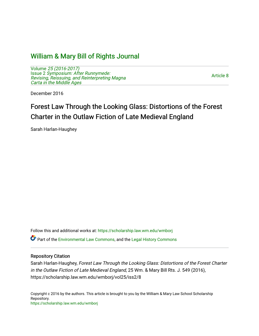 Forest Law Through the Looking Glass: Distortions of the Forest Charter in the Outlaw Fiction of Late Medieval England