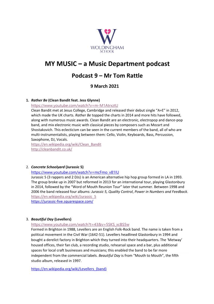 MY MUSIC – a Music Department Podcast Podcast 9 – Mr Tom Rattle 9 March 2021
