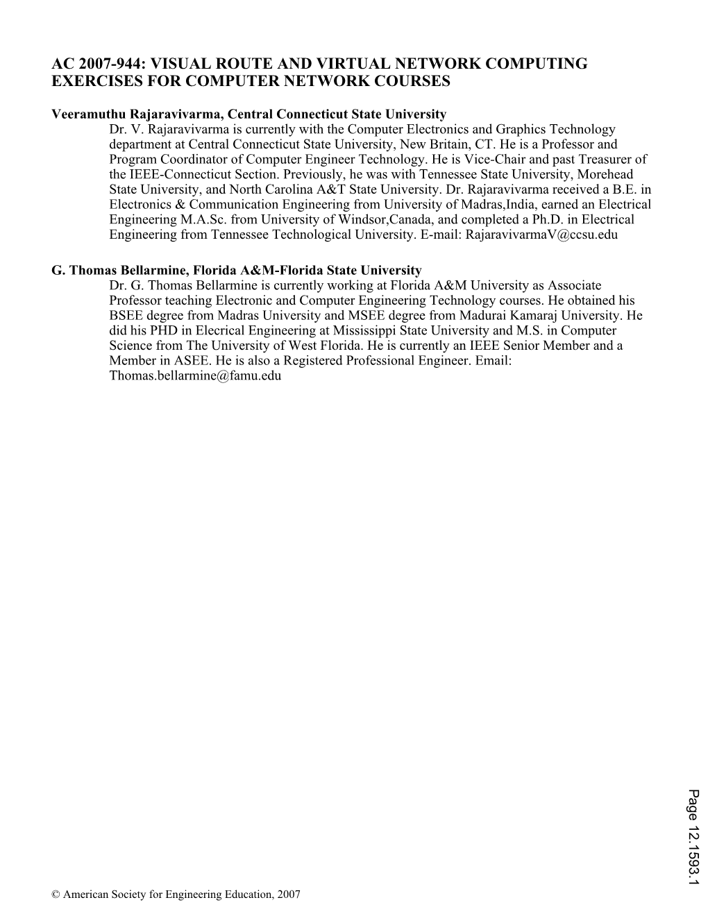 Ac 2007-944: Visual Route and Virtual Network Computing Exercises for Computer Network Courses