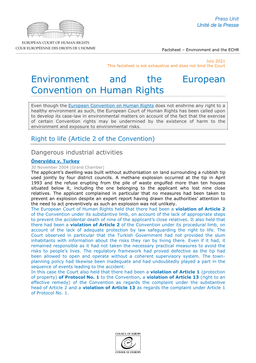 Environment and the European Convention on Human Rights