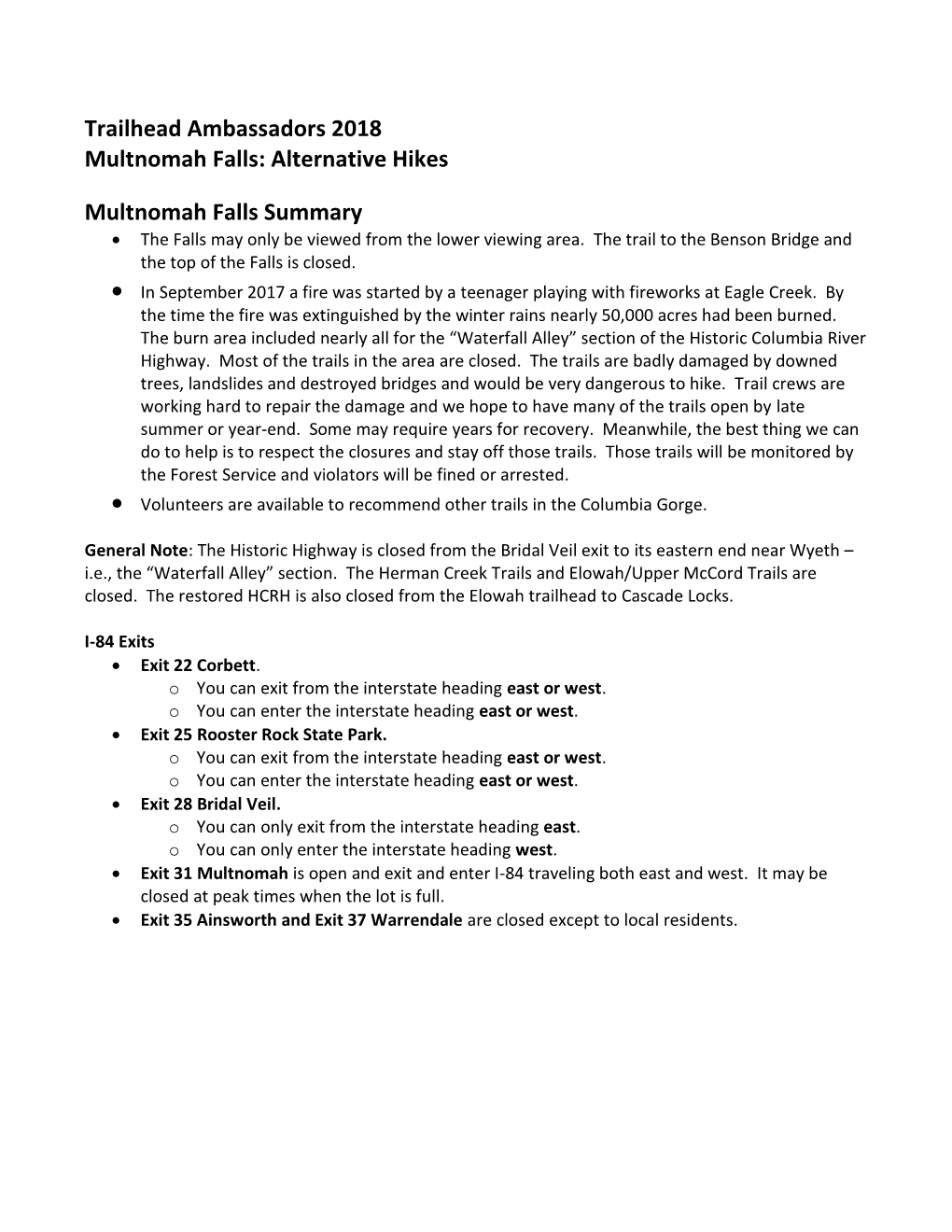 Alternative Hikes Multnomah Falls Summary