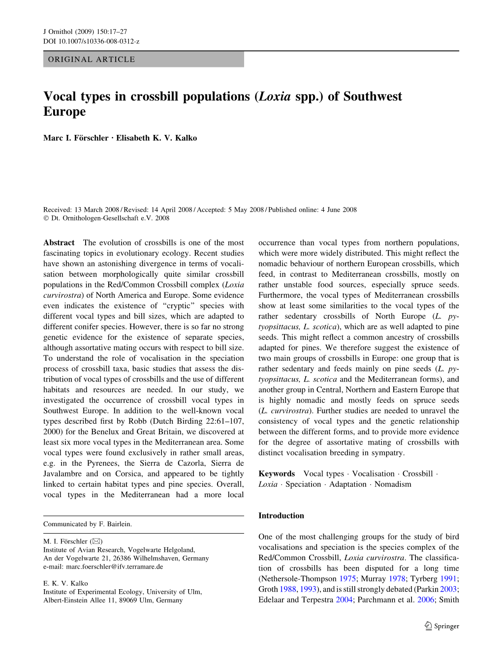 Vocal Types in Crossbill Populations (Loxia Spp.) of Southwest Europe