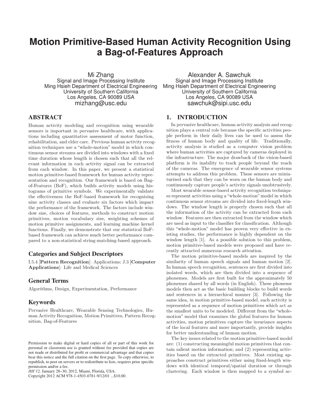 Motion Primitive-Based Human Activity Recognition Using a Bag-Of-Features Approach