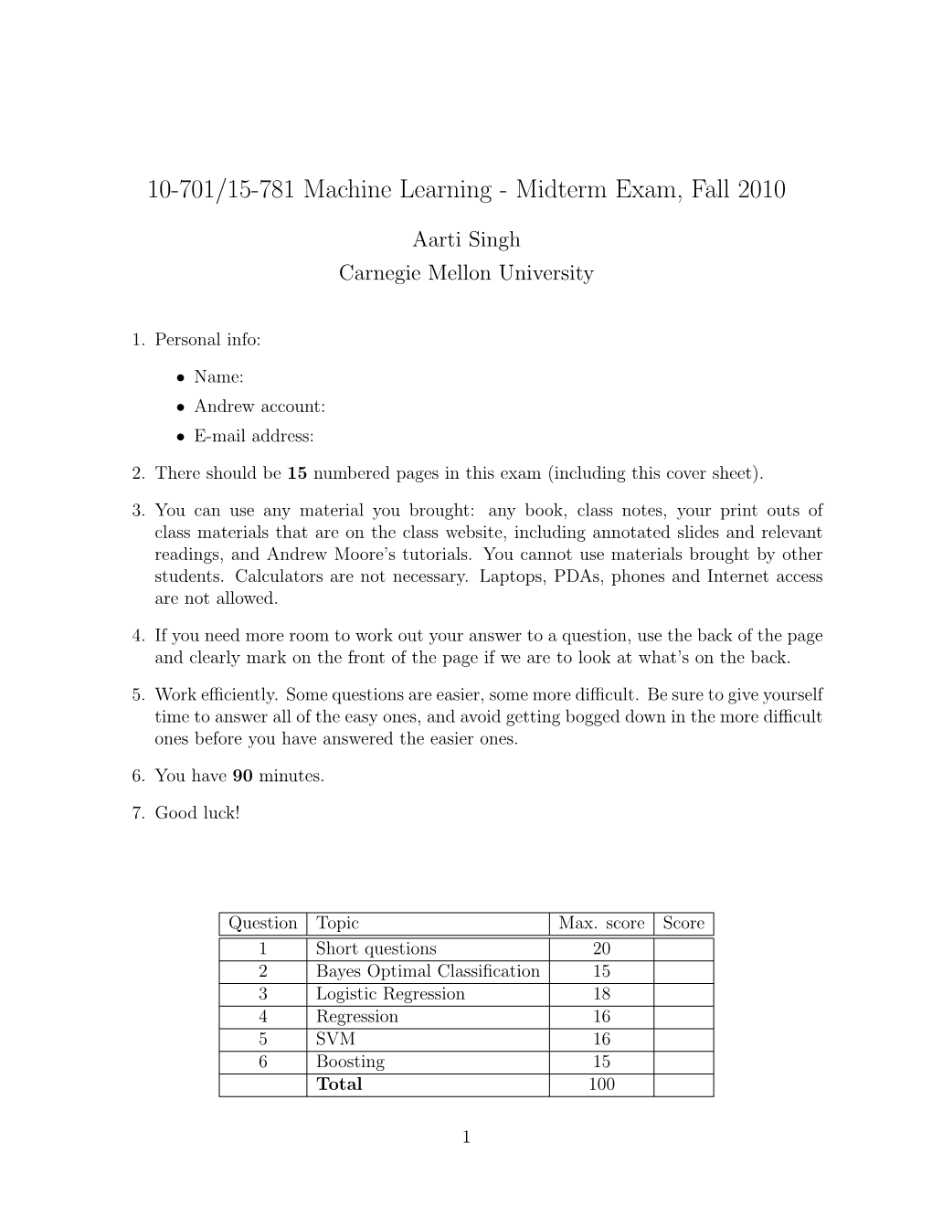 10-701/15-781 Machine Learning - Midterm Exam, Fall 2010