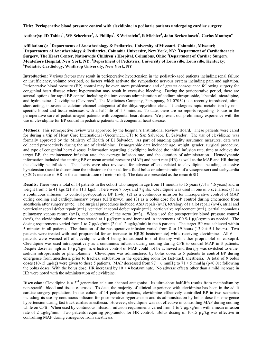 Perioperative Blood Pressure Control with Clevidipine in Pediatric Patients Undergoing Cardiac Surgery