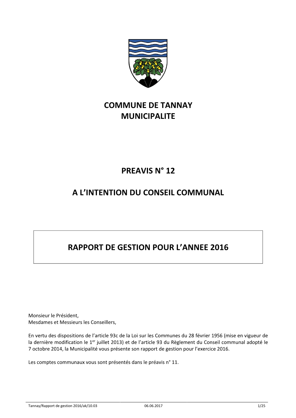 Commune De Tannay Municipalite Preavis N° 12 a L'intention Du