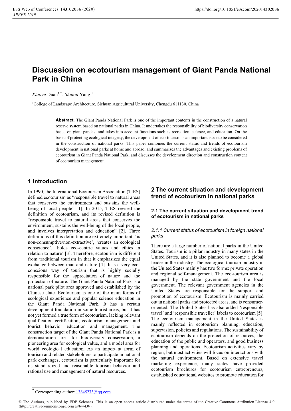 Discussion on Ecotourism Management of Giant Panda National Park in China