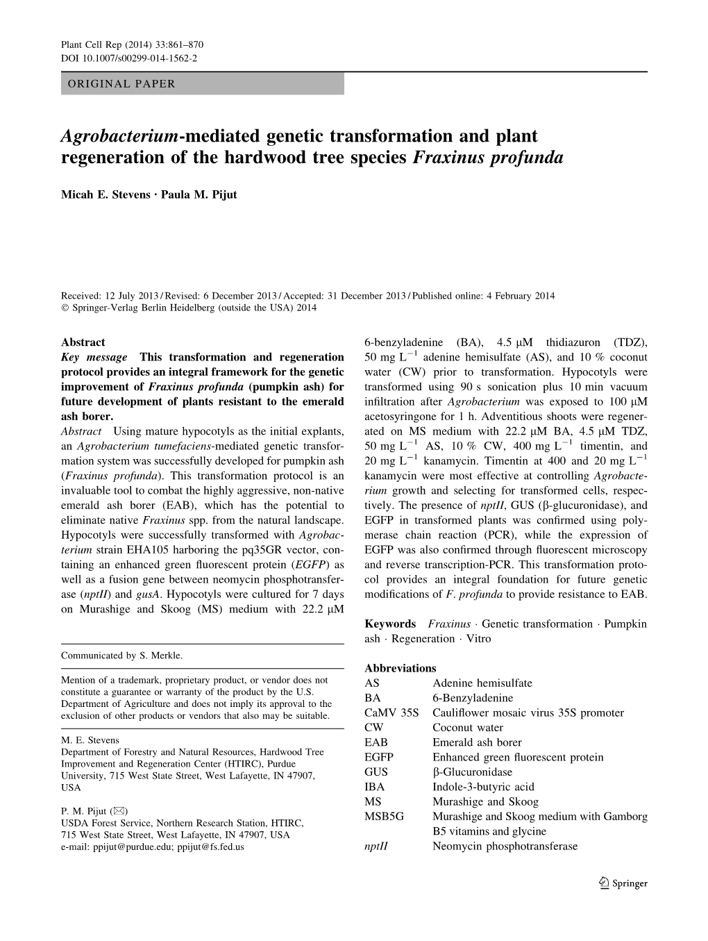 Agrobacterium-Mediated Genetic Transformation and Plant Regeneration of the Hardwood Tree Species Fraxinus Profunda