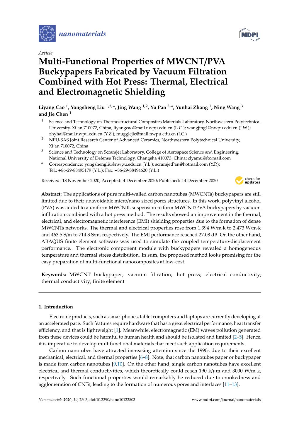 Multi-Functional Properties of MWCNT/PVA Buckypapers Fabricated by Vacuum Filtration Combined with Hot Press: Thermal, Electrical and Electromagnetic Shielding