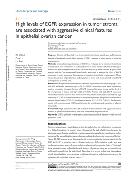 High Levels of EGFR Expression in Tumor Stroma Are Associated with Aggressive Clinical Features in Epithelial Ovarian Cancer