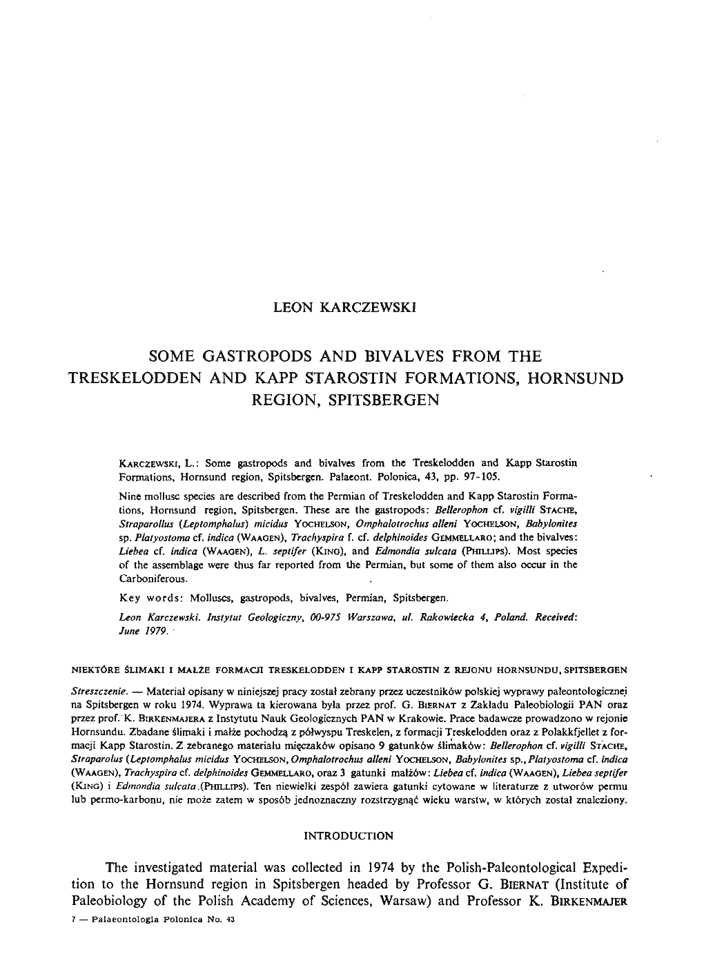 SOME GASTROPODS and BIVALVES from the TRESKELODDEN and KAPP STAROSTIN FORMATIONS, HORNSUND REGION, SPITSBERGEN -.: Palaeontologia Polonica