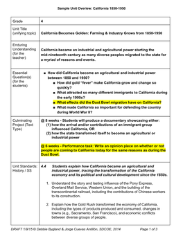 Grade 4 Unit Title (Unifying Topic) California Becomes Golden