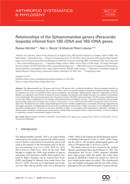 (Peracarida: Isopoda) Inferred from 18S Rdna and 16S Rdna Genes