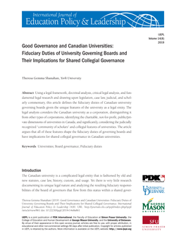 Good Governance and Canadian Universities: Fiduciary Duties of University Governing Boards and Their Implications for Shared Collegial Governance