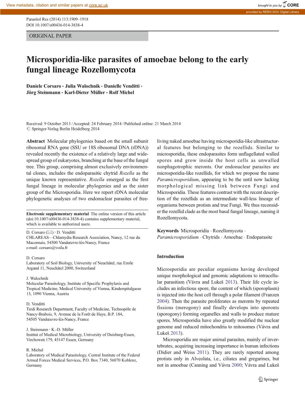 Microsporidia-Like Parasites of Amoebae Belong to the Early Fungal Lineage Rozellomycota