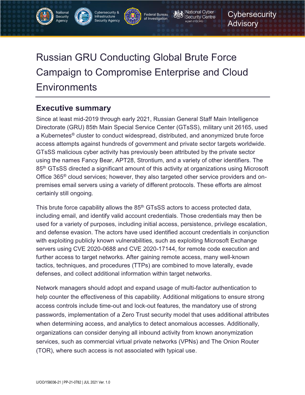 Russian GRU Conducting Global Brute Force Campaign to Compromise Enterprise and Cloud Environments