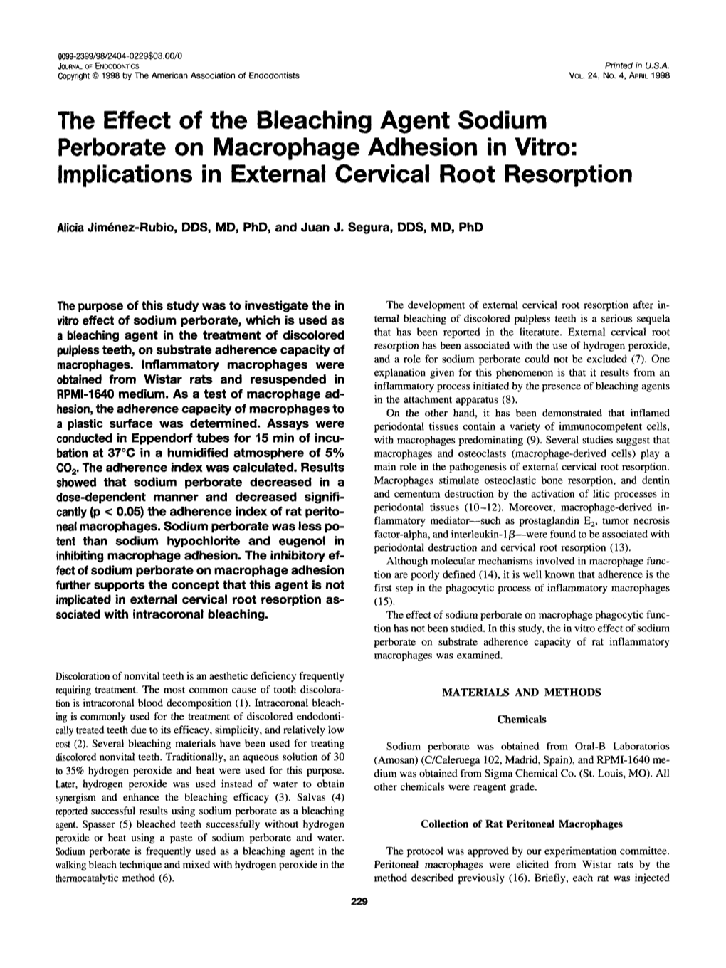 The Effect of the Bleaching Agent Sodium Perborate on Macrophage Adhesion in Vitro: Implications in External Cervical Root Resorption