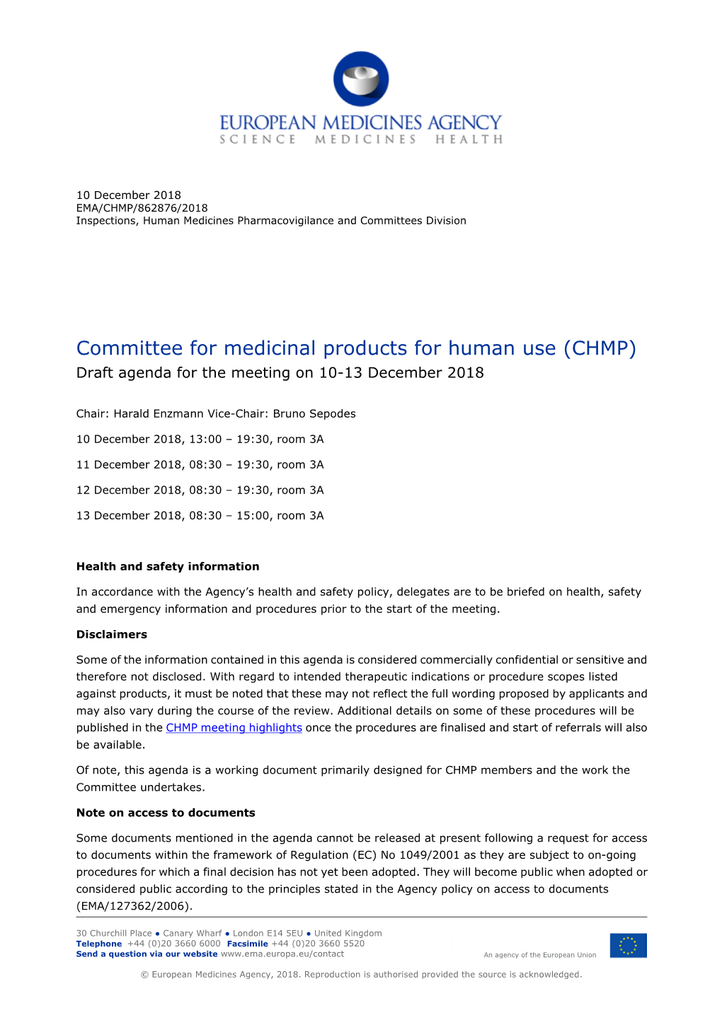 CHMP December 2018 Agenda for Publication