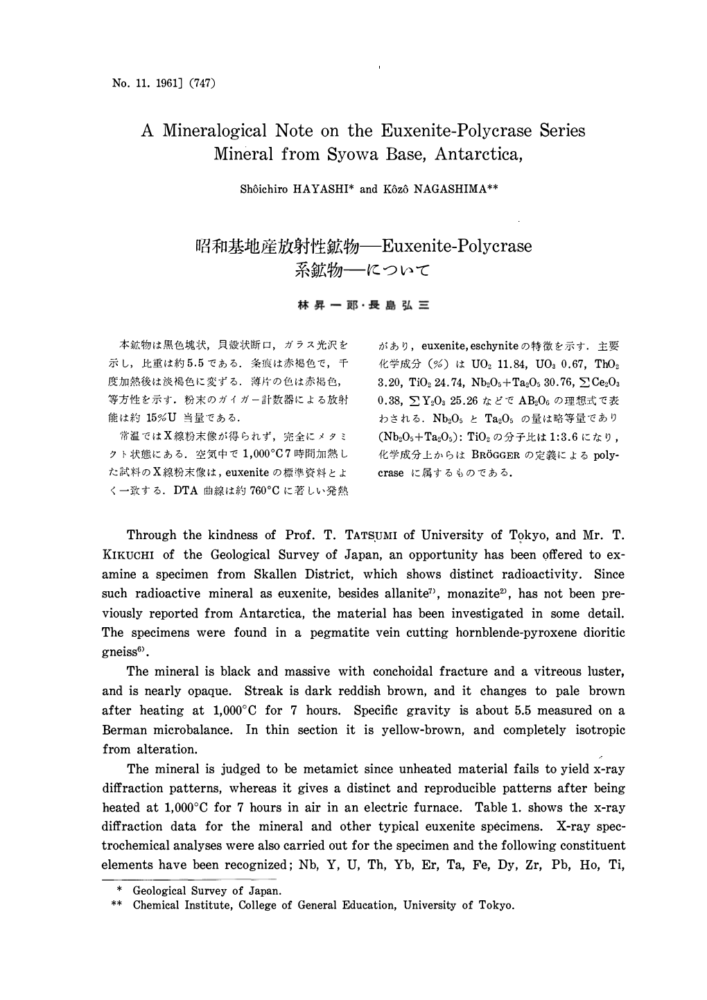 A Mineralogical Note on the Euxenite-Polycrase Series Mineral from Syowa Base, Antarctica