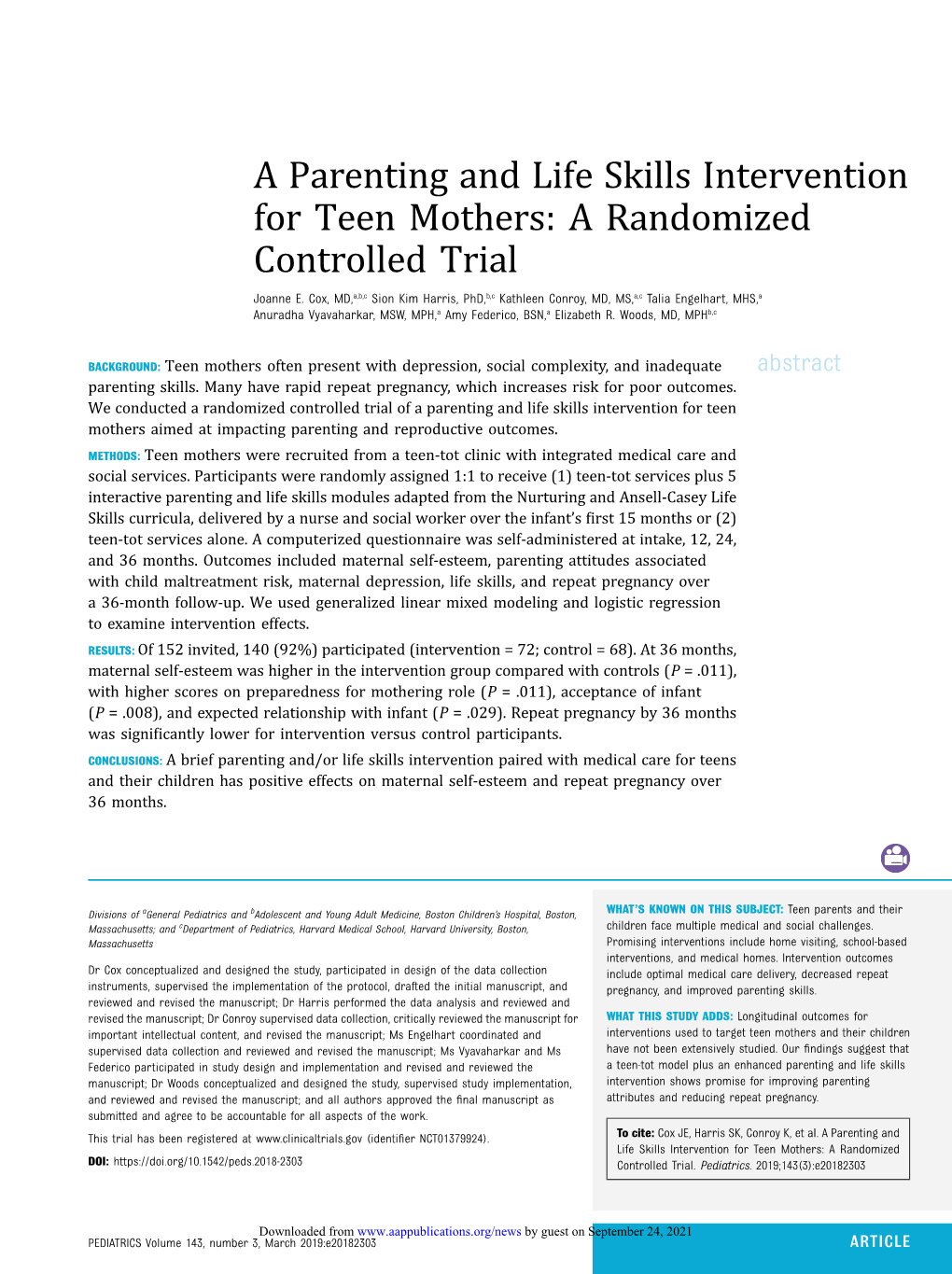 A Parenting and Life Skills Intervention for Teen Mothers: a Randomized Controlled Trial Joanne E